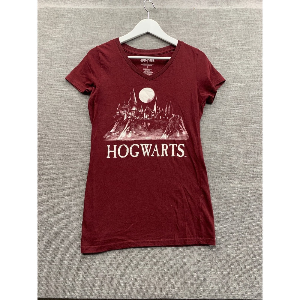 Warner Bros Harry Potter Hogwarts T-Shirt Womens XL Maroon Graphic Cotton V-Neck